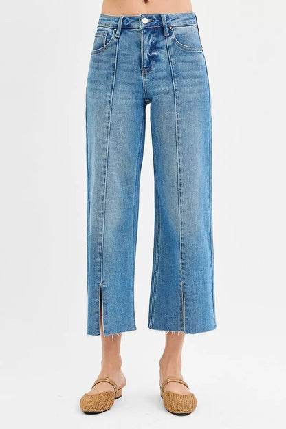 RISEN Tummy Control Mid Rise Crop Wide Front Slit Jeans - Blu Lotus Boutique