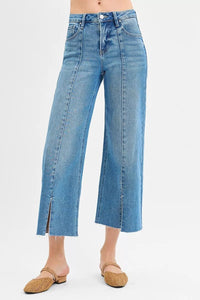 RISEN Tummy Control Mid Rise Crop Wide Front Slit Jeans - Blu Lotus Boutique