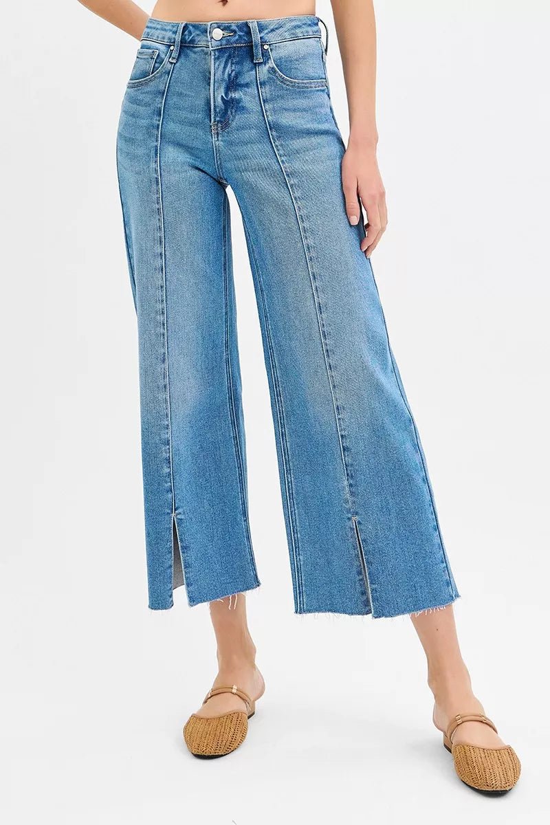 RISEN Tummy Control Mid Rise Crop Wide Front Slit Jeans - Blu Lotus Boutique