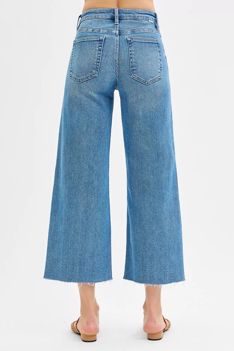 RISEN Tummy Control Mid Rise Crop Wide Front Slit Jeans - Blu Lotus Boutique