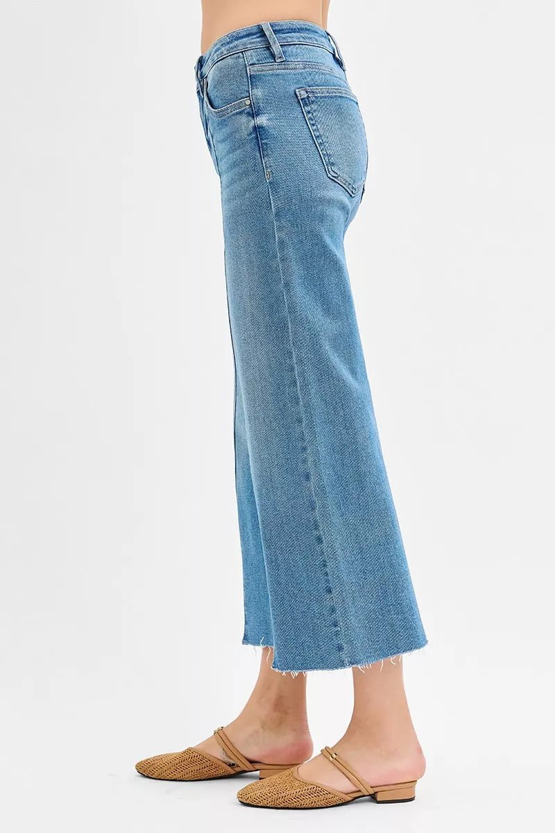 RISEN Tummy Control Mid Rise Crop Wide Front Slit Jeans - Blu Lotus Boutique
