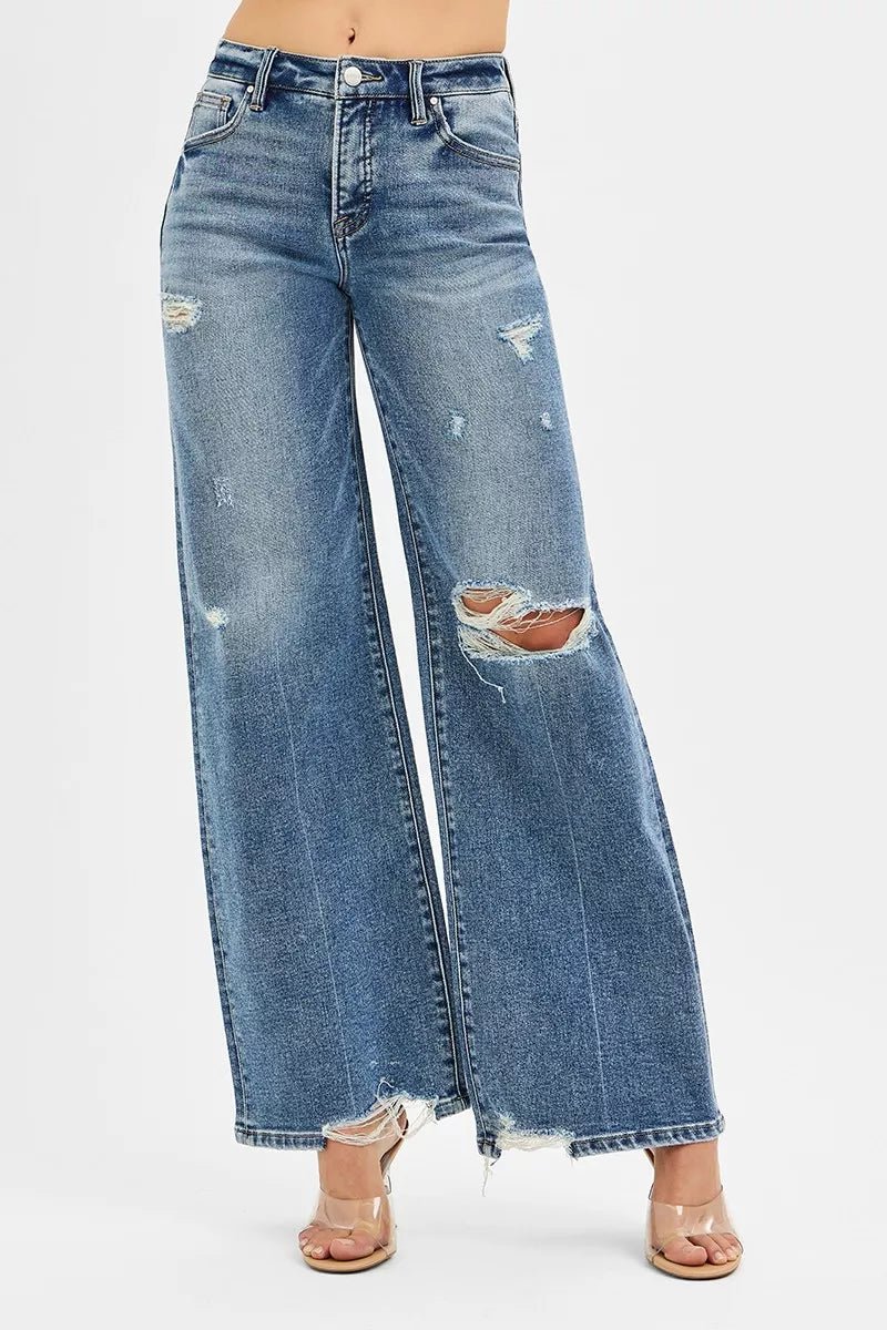 RISEN Tummy Control Mid Rise Fit Wide Jeans - Blu Lotus Boutique