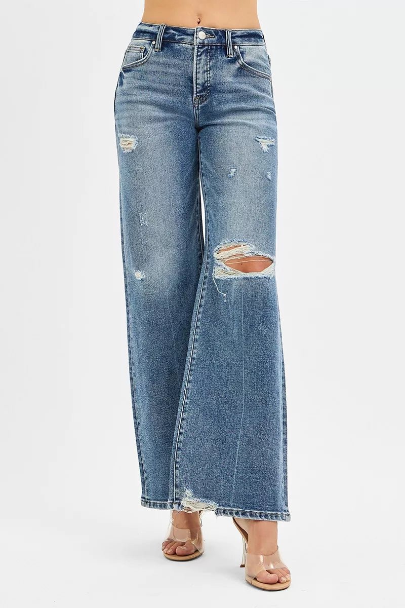 RISEN Tummy Control Mid Rise Fit Wide Jeans - Blu Lotus Boutique
