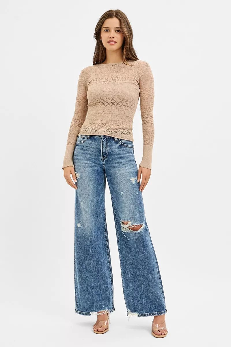 RISEN Tummy Control Mid Rise Fit Wide Jeans - Blu Lotus Boutique
