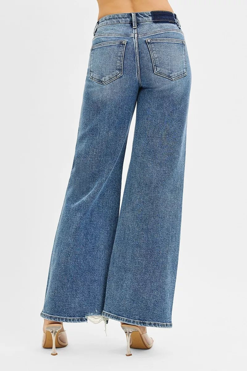 RISEN Tummy Control Mid Rise Fit Wide Jeans - Blu Lotus Boutique