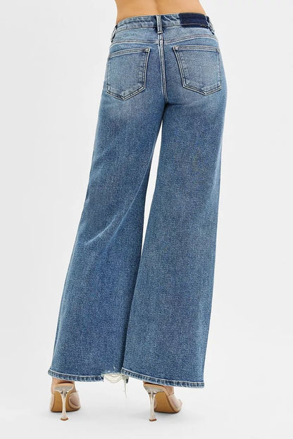 RISEN Tummy Control Mid Rise Fit Wide Jeans - Blu Lotus Boutique