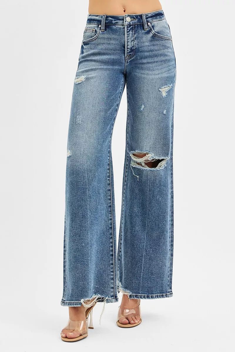 RISEN Tummy Control Mid Rise Fit Wide Jeans - Blu Lotus Boutique