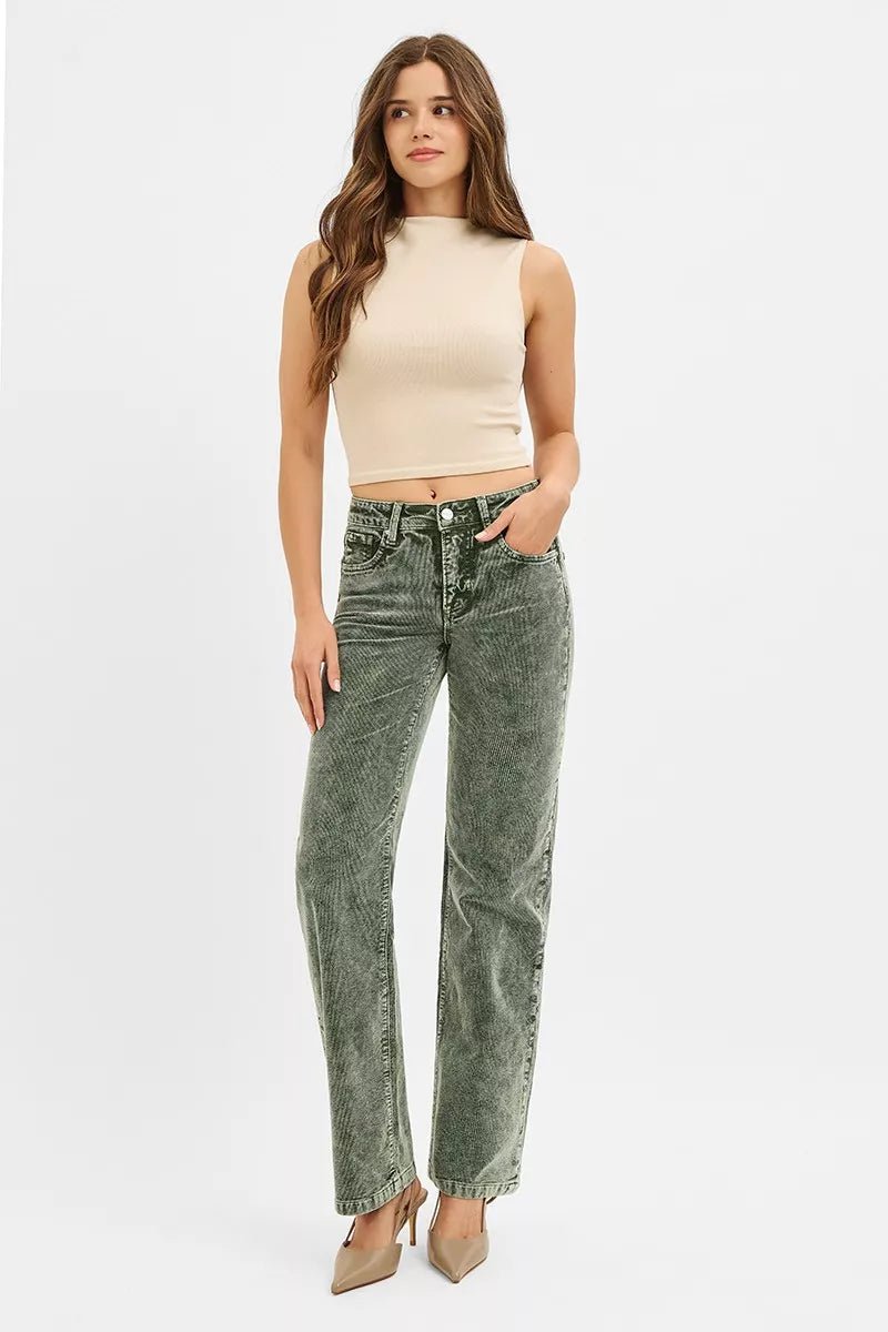 RISEN Tummy Control Mid Rise Straight Leg Corduroy Pants - Blu Lotus Boutique