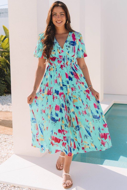 Roselyn Abstract Short Puff Sleeve Tiered Maxi Dre - Blu Lotus Boutique