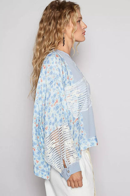 Round Neck Cropped Gauze Floral Pattern Top with Overlock Stitch Detail - Blu Lotus Boutique