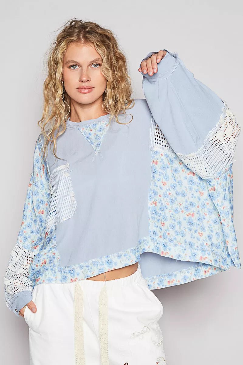 Round Neck Cropped Gauze Floral Pattern Top with Overlock Stitch Detail - Blu Lotus Boutique