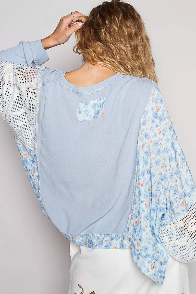 Round Neck Cropped Gauze Floral Pattern Top with Overlock Stitch Detail - Blu Lotus Boutique