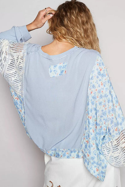 Round Neck Cropped Gauze Floral Pattern Top with Overlock Stitch Detail - Blu Lotus Boutique