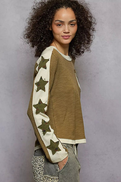 Round Neck Long Sleever T-Shirt with Star Patch - Blu Lotus Boutique