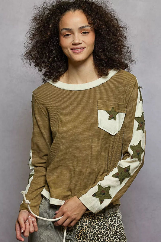 Round Neck Long Sleever T-Shirt with Star Patch - Blu Lotus Boutique