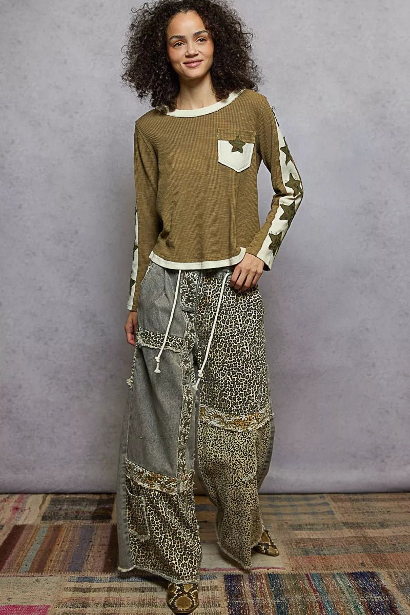 Round Neck Long Sleever T-Shirt with Star Patch - Blu Lotus Boutique
