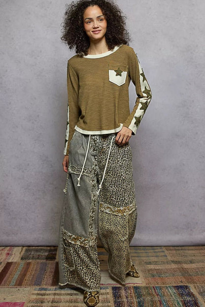 Round Neck Long Sleever T-Shirt with Star Patch - Blu Lotus Boutique