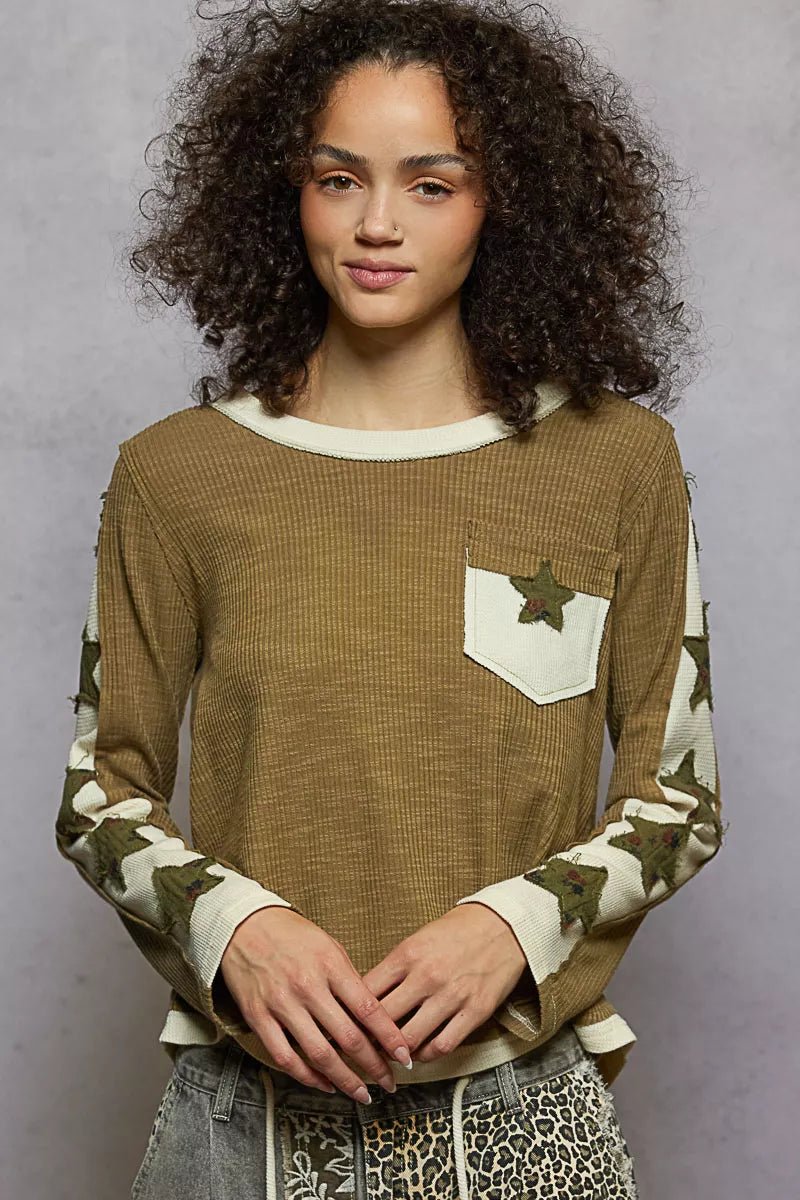 Round Neck Long Sleever T-Shirt with Star Patch - Blu Lotus Boutique
