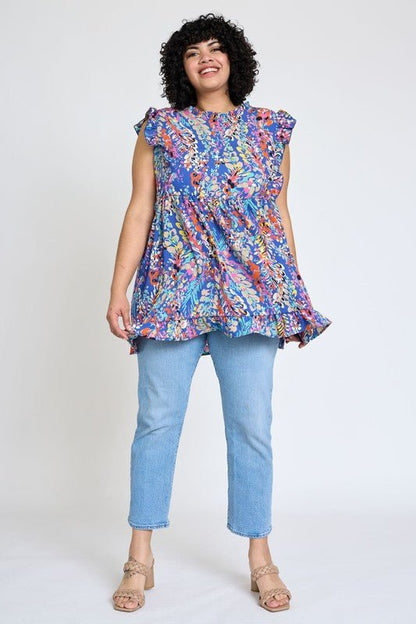 Ruffle floral leaf woven tunic top - Blu Lotus Boutique