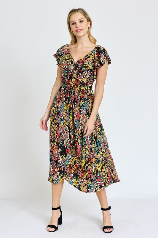 Ruffle V - Neck Sash Dress - Blu Lotus Boutique