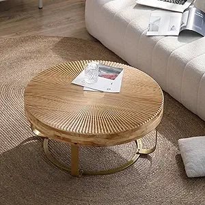 Rustic Circular Coffee Table with Metal Stand, 31.5" Diameter Table for Living Spaces and Offices - Blu Lotus Boutique