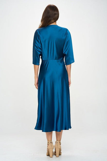 Satin Stretch Solid Dress with Front Twist - Blu Lotus Boutique