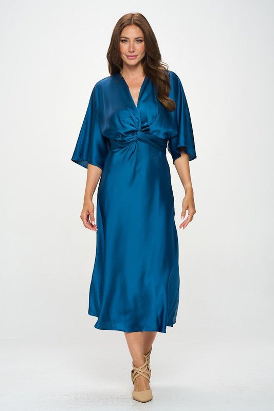 Satin Stretch Solid Dress with Front Twist - Blu Lotus Boutique