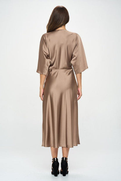 Satin Stretch Solid Dress with Front Twist - Blu Lotus Boutique