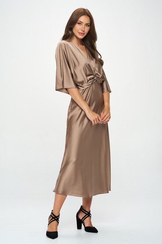Satin Stretch Solid Dress with Front Twist - Blu Lotus Boutique
