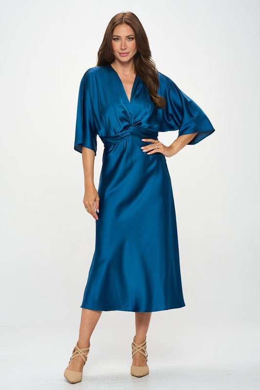 Satin Stretch Solid Dress with Front Twist - Blu Lotus Boutique