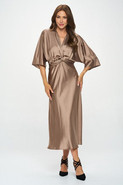Satin Stretch Solid Dress with Front Twist - Blu Lotus Boutique