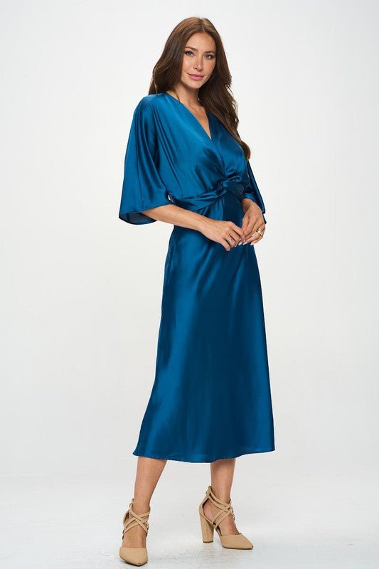 Satin Stretch Solid Dress with Front Twist - Blu Lotus Boutique