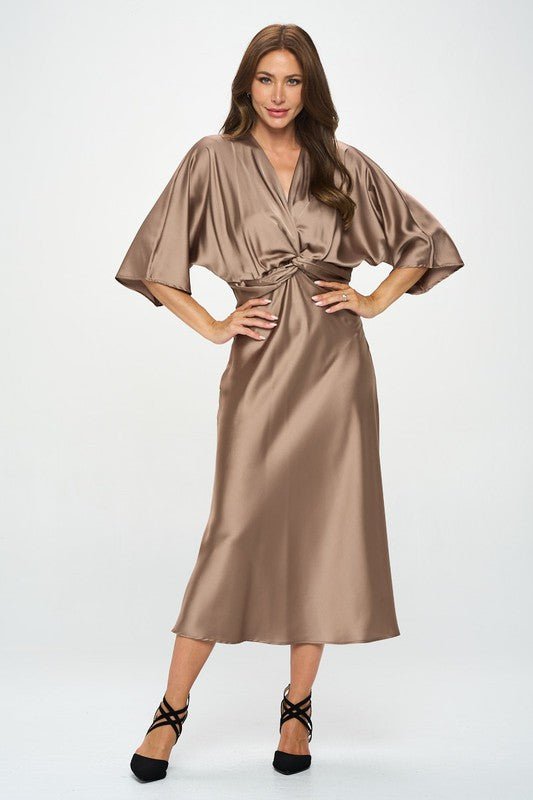 Satin Stretch Solid Dress with Front Twist - Blu Lotus Boutique