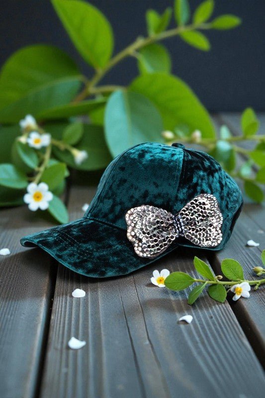 Sequin Bow Tie Distressed Velour Cap - Blu Lotus Boutique