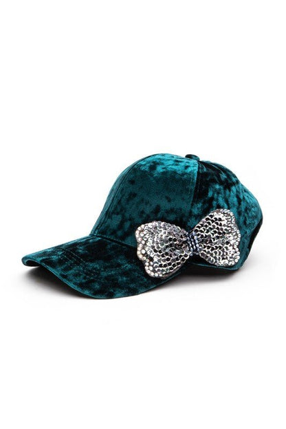 Sequin Bow Tie Distressed Velour Cap - Blu Lotus Boutique