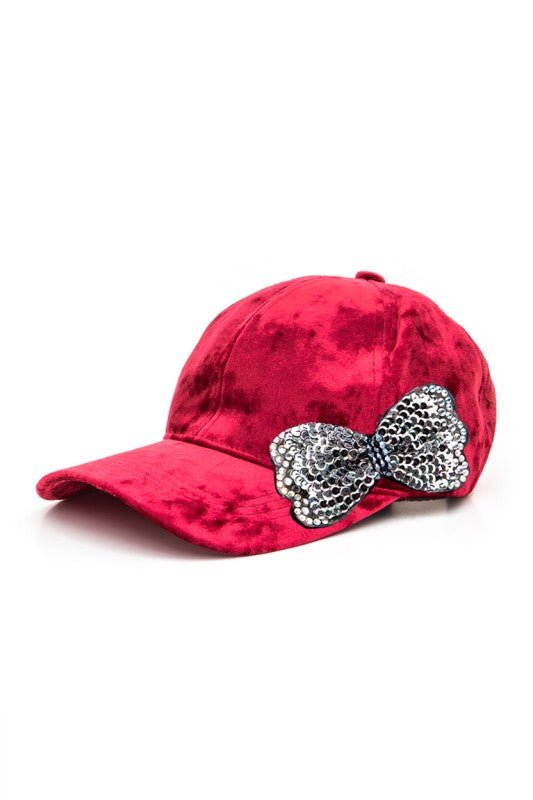 Sequin Bow Tie Distressed Velour Cap - Blu Lotus Boutique