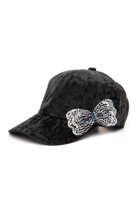 Sequin Bow Tie Distressed Velour Cap - Blu Lotus Boutique