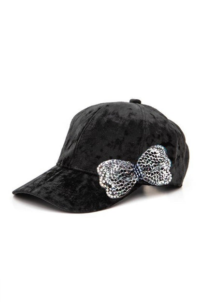 Sequin Bow Tie Distressed Velour Cap - Blu Lotus Boutique