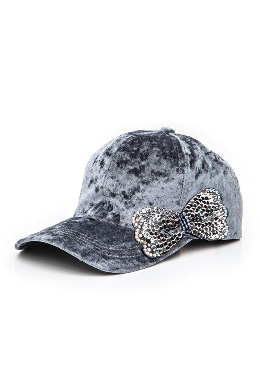 Sequin Bow Tie Distressed Velour Cap - Blu Lotus Boutique