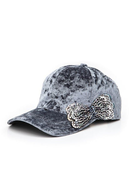 Sequin Bow Tie Distressed Velour Cap - Blu Lotus Boutique