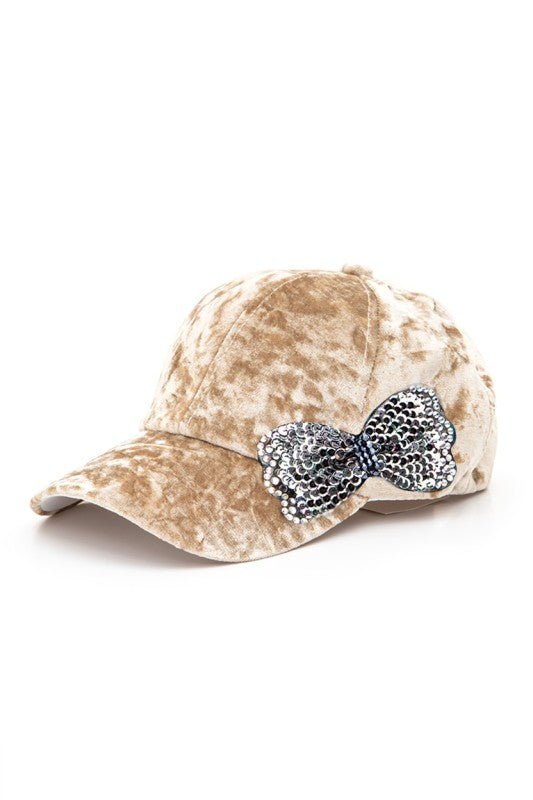 Sequin Bow Tie Distressed Velour Cap - Blu Lotus Boutique