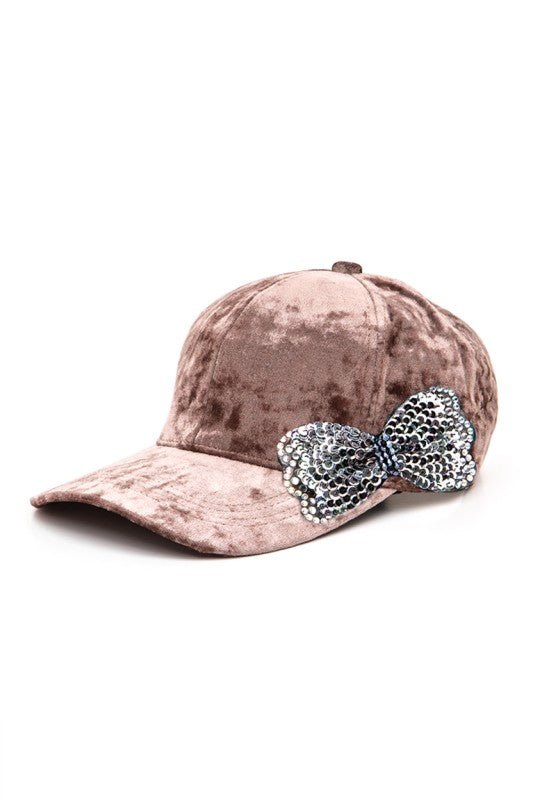 Sequin Bow Tie Distressed Velour Cap - Blu Lotus Boutique