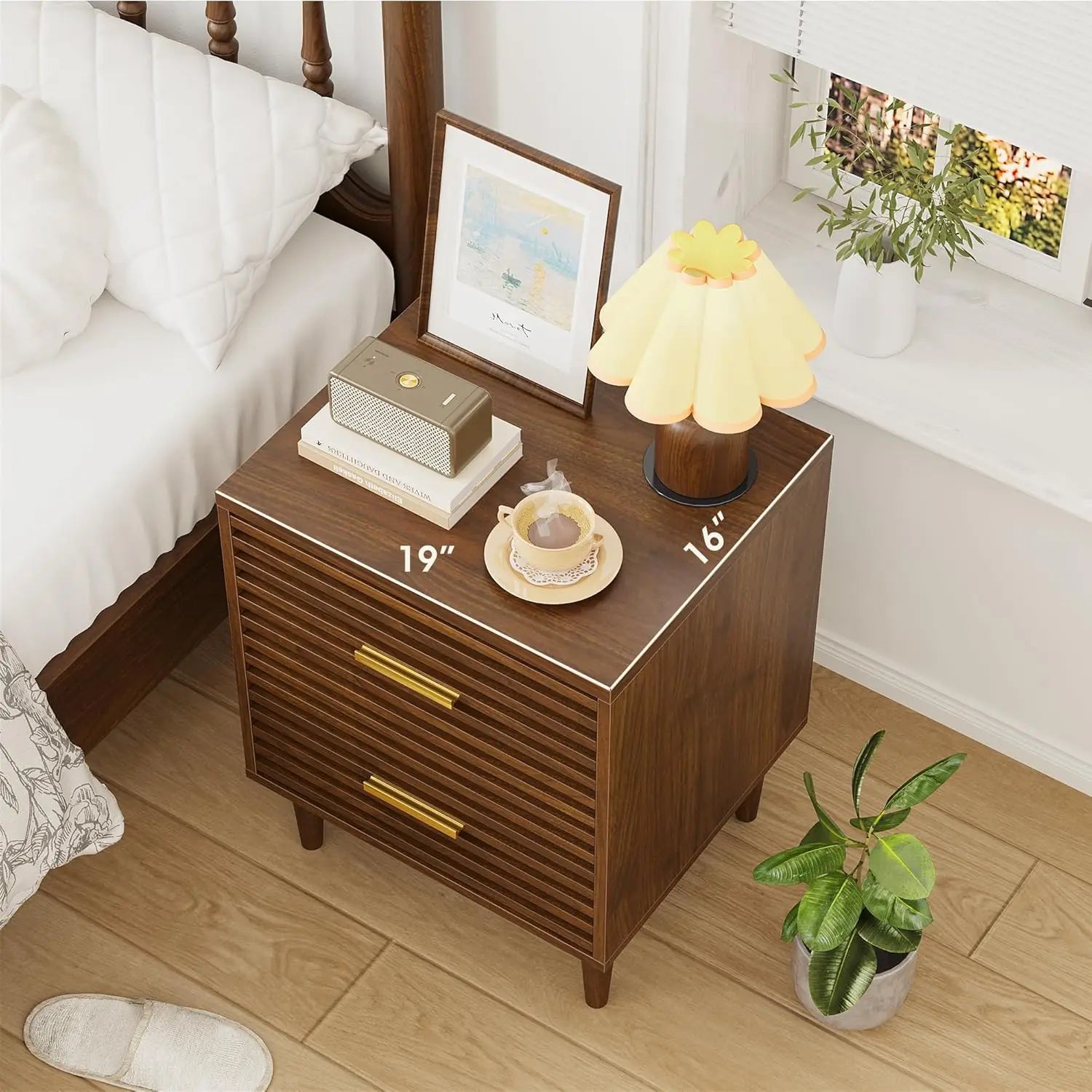 Set of 2, Mid Century Modern Night Stands, Fluted Bedside Table for Bedroom, Side End Table with Storage Drawers, Vintage Wood A - Blu Lotus Boutique