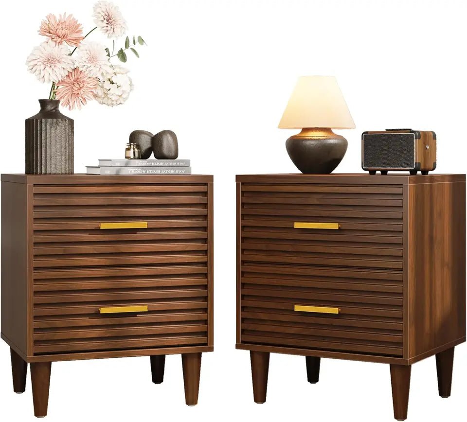 Set of 2, Mid Century Modern Night Stands, Fluted Bedside Table for Bedroom, Side End Table with Storage Drawers, Vintage Wood A - Blu Lotus Boutique