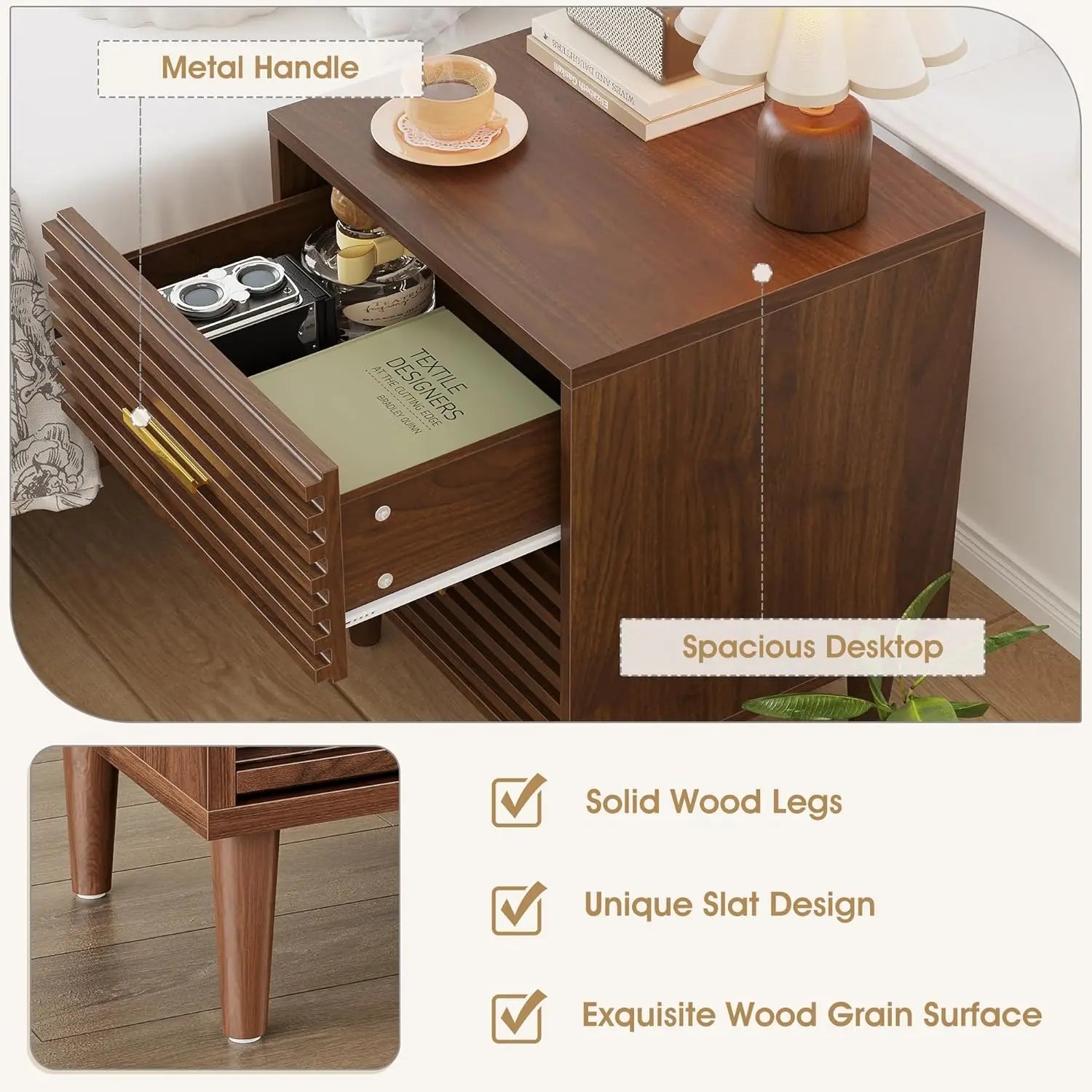 Set of 2, Mid Century Modern Night Stands, Fluted Bedside Table for Bedroom, Side End Table with Storage Drawers, Vintage Wood A - Blu Lotus Boutique