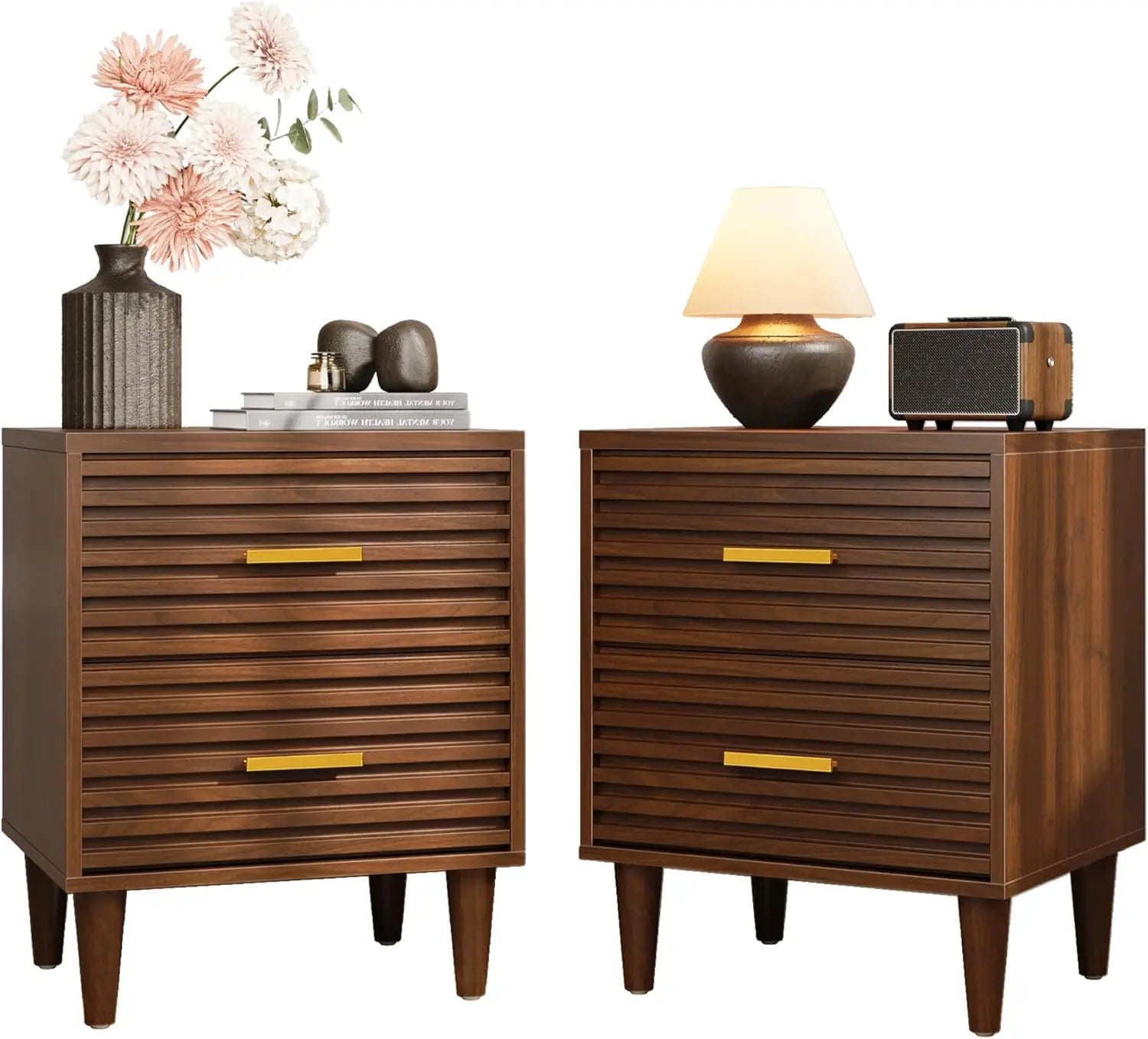 Set of 2, Mid Century Modern Night Stands, Fluted Bedside Table for Bedroom, Side End Table with Storage Drawers, Vintage Wood A - Blu Lotus Boutique