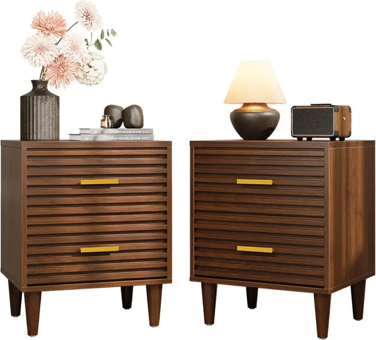 Set of 2, Mid Century Modern Night Stands, Fluted Bedside Table for Bedroom, Side End Table with Storage Drawers, Vintage Wood A - Blu Lotus Boutique