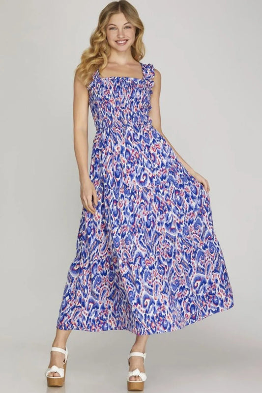 She + Sky Full Size Smocked Printed Wide Strap Tiered Dress Plus Size - Blu Lotus Boutique