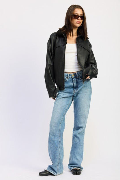 SHEARLING COLLAR VEGAN LEATHER JACKET - Blu Lotus Boutique