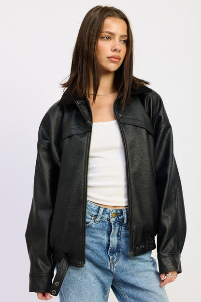 SHEARLING COLLAR VEGAN LEATHER JACKET - Blu Lotus Boutique